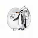 A penguin wearing a traveler's backpack exploring a mystical library filled with ancient books tattoo design idea