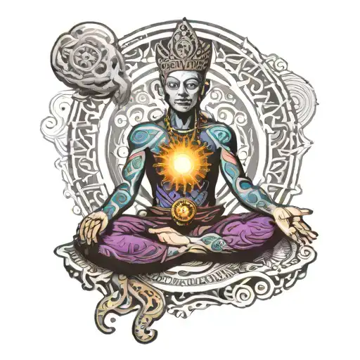 meditating male in spiritual garb with energy coming from crown chakra with meditating alien and oversoul above him tattoo design idea