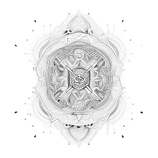 An intricate mandala design incorporating elements of a Les Paul guitar tattoo design idea