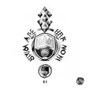 An abstract design representing the journey of Manchester City's treble-winning season, with elements symbolizing the FA Cup, Champions League, and Premier League intricately intertwined. tattoo design idea