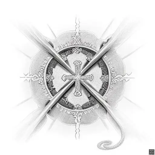 Cross with prayer beeds and bible verse tattoo design idea