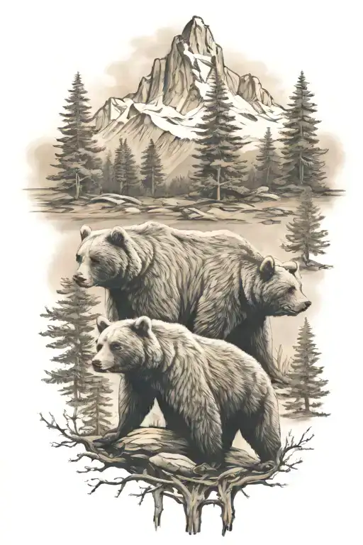 3 Bears with trees and mountains tattoo design idea
