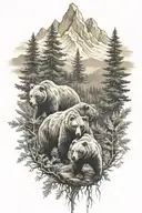 3 Bears with trees and mountains tattoo design idea