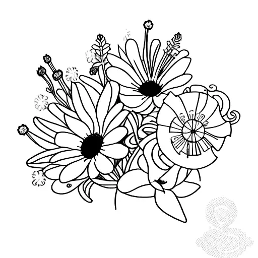 flower bouquet with daisies, baby's breath, and lilies  tattoo design idea