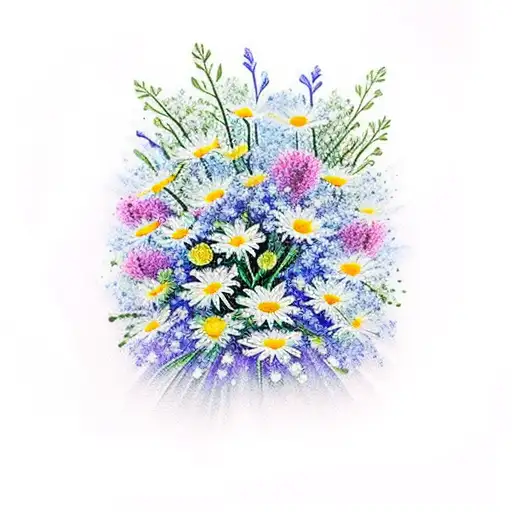flower bouquet with daisies, baby's breath, and lilies  tattoo design idea