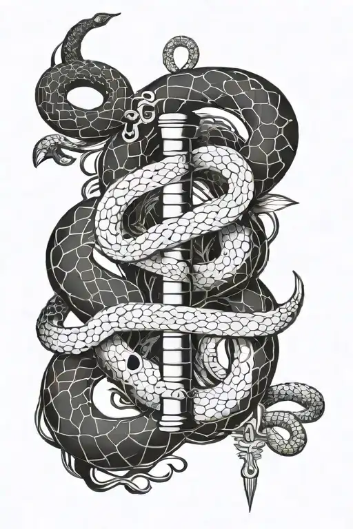 Black and white rod of asclepius but instead of snakesthere are fished tattoo design idea