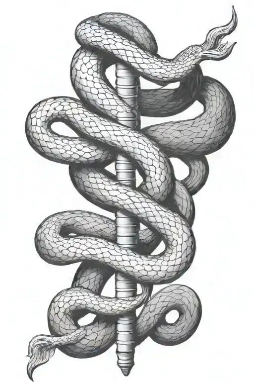 Black and white rod of asclepius but instiead of snakes there are fish tattoo design idea