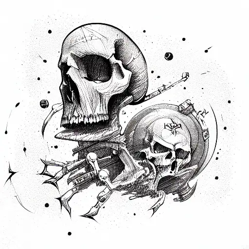 smarthphone on moon and skulls ruin tattoo design idea