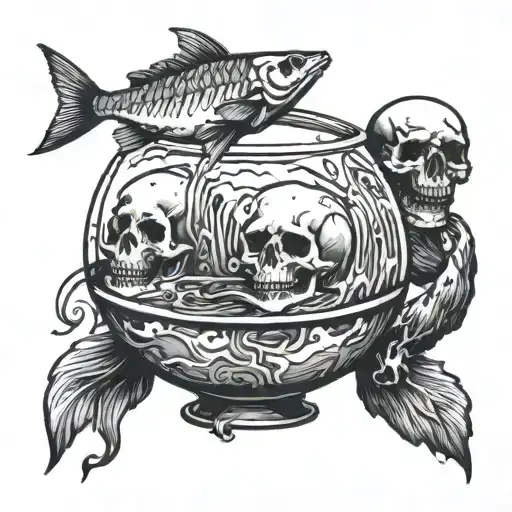 two lost souls swimming in a fish bowl with skull surrounded tattoo design idea