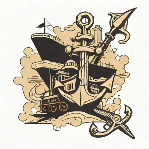 anchor and train passing tattoo design idea
