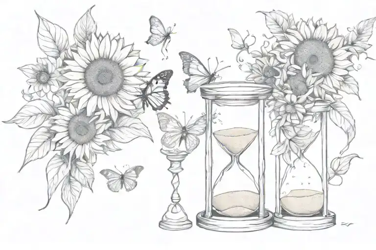 sunflowers butterflies and hour glass with sand tattoo design idea