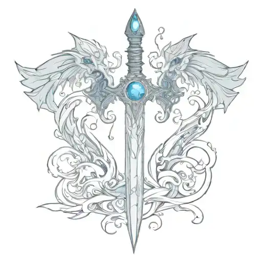 vertical sword with blue gemstone in the hilt with three small flying dragons tattoo design idea