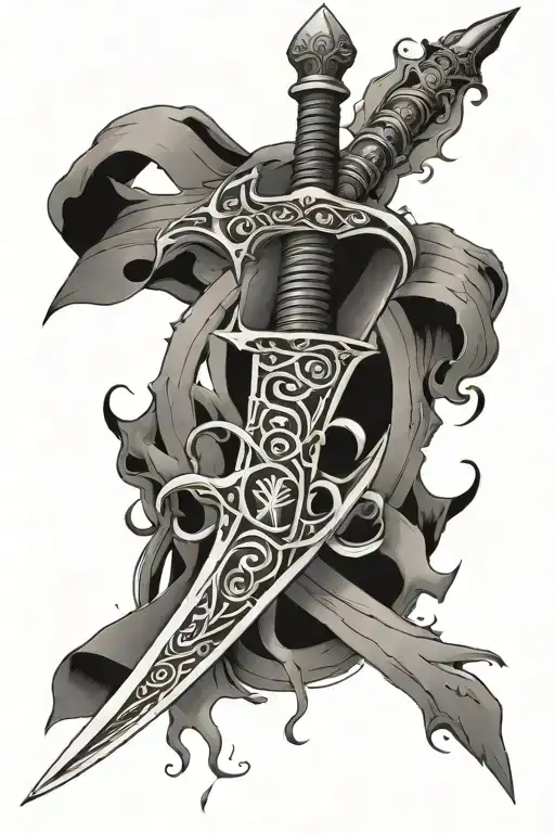 sword with a blade that spells out the word "Ataraxia" tattoo design idea