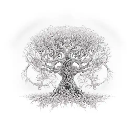 intricate vines covinging a intricate tree in a scene that shows success tattoo design idea