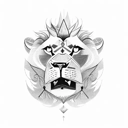 A detailed rooftop with a lion standing proudly on it, representing success in the roofing business tattoo design idea