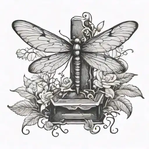 a tombstone and a dragonfly perched on it tattoo design idea