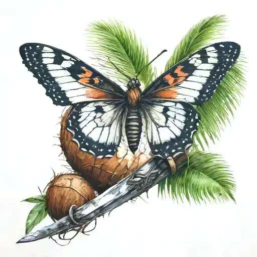 butterfly on a coconut tree with sword going tattoo design idea