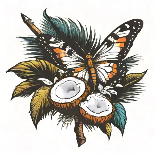 butterfly on a coconut tree with sword going tattoo design idea