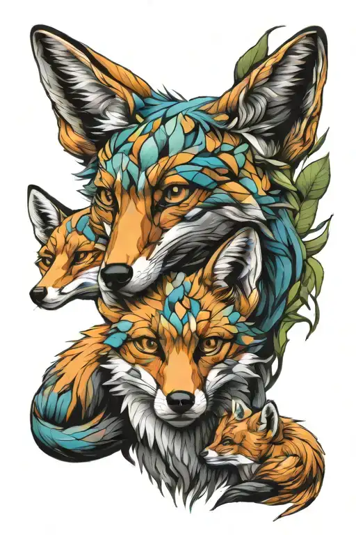 fox mom dad two kits colorful  tattoo design idea