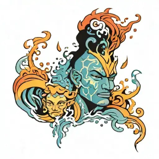 oppa head from avatar with 4 elements surrounding it splashing water, fire, earth and air  tattoo design idea