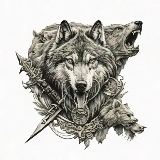 Warrior themed tattoo with wolf and bear tattoo design idea