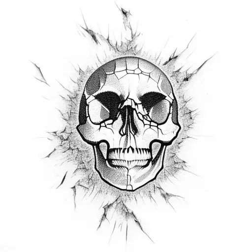 Skull breaking through an explosion of shattered glass tattoo design idea