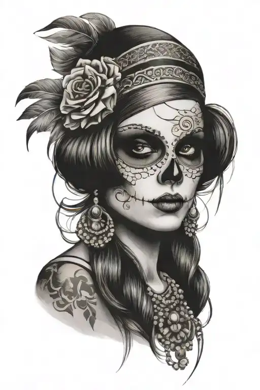 skulls flapper girl 1960s tattoo design idea