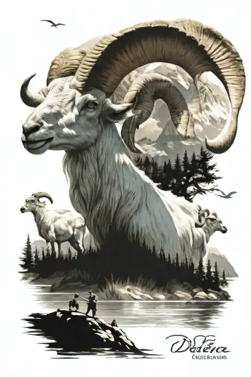 dall sheep with duck hunting and fishing scene tattoo design idea