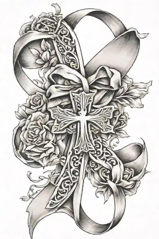 cross and breast cancer ribbon tattoo design idea