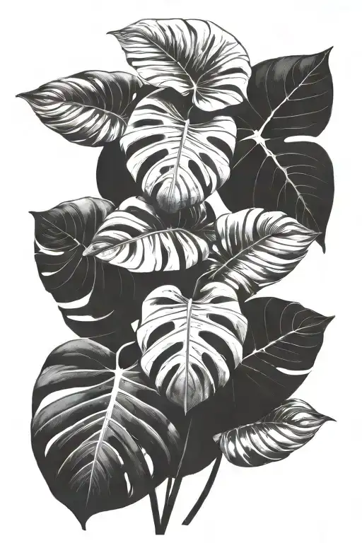 monstera leaves with a few white wizard  philodendron leaves tattoo design idea
