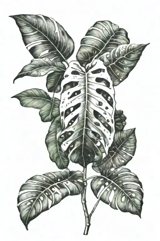 monstera leaves with a few white wizard  philodendron leaves tattoo design idea