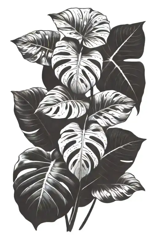 monstera leaves with a few white wizard  philodendron leaves tattoo design idea