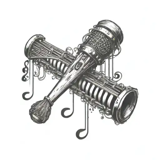 An intricate dotwork tattoo of drumsticks intertwined with musical notes and drum symbols tattoo design idea