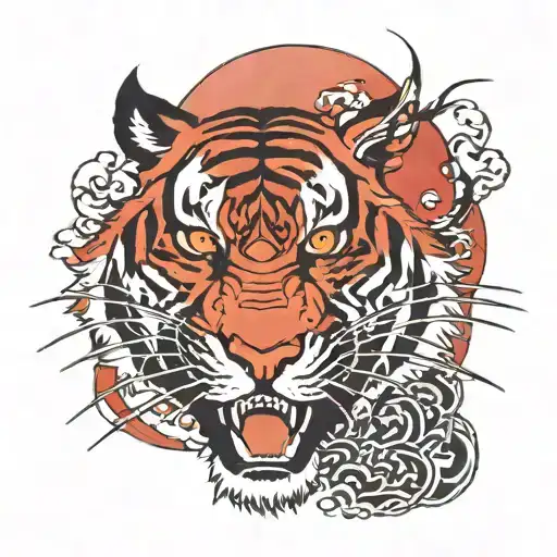 Tiger face, Red moon merging together, Japanese knife crossing, long words of BUSHIDO tattoo design idea
