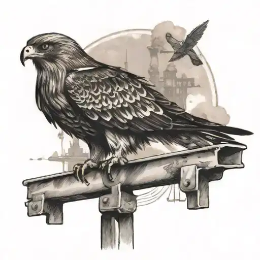 A tattoo of a majestic hawk perched on a steel beam, symbolizing your occupation at the steel mill tattoo design idea
