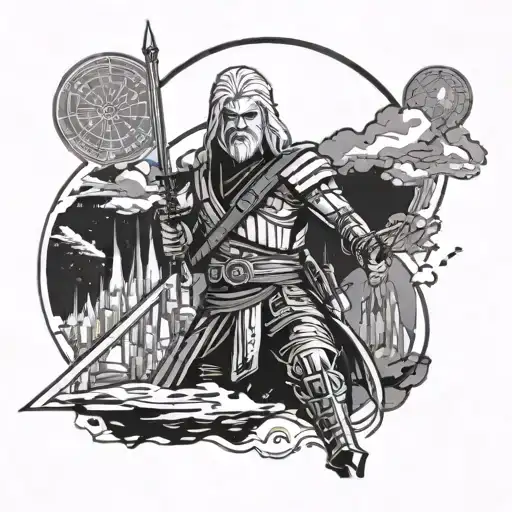 A hybrid tattoo design combining elements of Star Wars and The Witcher, showcasing a Jedi wielding a Witcher's silver sword, with a background of futuristic sci-fi landscape tattoo design idea
