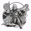 A hybrid tattoo design combining elements of Star Wars and The Witcher, showcasing a Jedi wielding a Witcher's silver sword, with a background of futuristic sci-fi landscape tattoo design idea