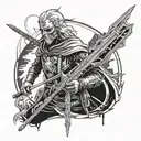 A hybrid tattoo design combining elements of Star Wars and The Witcher, showcasing a Jedi wielding a Witcher's silver sword, with a background of futuristic sci-fi landscape tattoo design idea