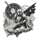 A hybrid tattoo design combining elements of Star Wars and The Witcher, showcasing a Jedi wielding a Witcher's silver sword, with a background of futuristic sci-fi landscape tattoo design idea