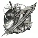 A hybrid tattoo design combining elements of Star Wars and The Witcher, showcasing a Jedi wielding a Witcher's silver sword, with a background of futuristic sci-fi landscape tattoo design idea