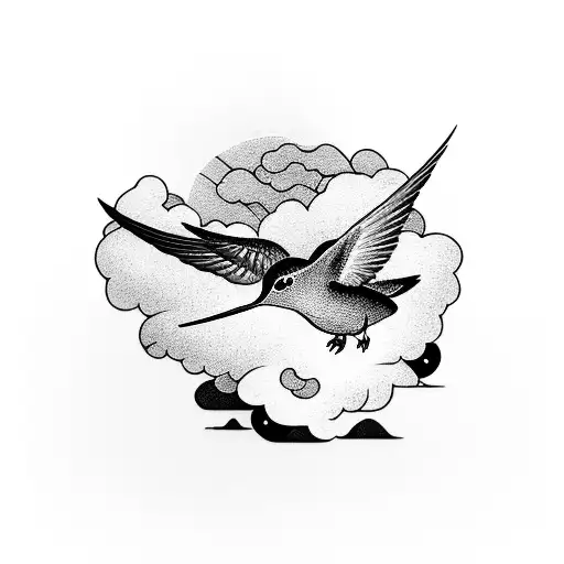A hummingbird surrounded by Japanese waves and clouds in a traditional Japanese woodblock print style tattoo design idea