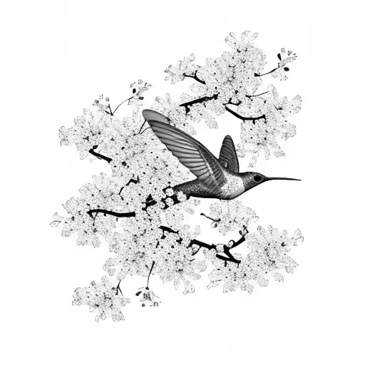 A hummingbird in flight with Japanese cherry blossoms trailing behind it like a kimono train tattoo design idea