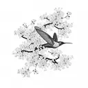 A hummingbird in flight with Japanese cherry blossoms trailing behind it like a kimono train tattoo design idea