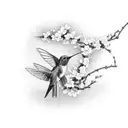 A hummingbird in flight with Japanese cherry blossoms trailing behind it like a kimono train tattoo design idea