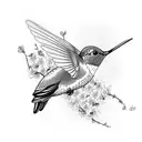 A hummingbird in flight with Japanese cherry blossoms trailing behind it like a kimono train tattoo design idea
