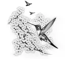 A hummingbird in flight with Japanese cherry blossoms trailing behind it like a kimono train tattoo design idea