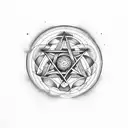 pentagram inside a triple moon with a triple trident piercing the full moon tattoo design idea