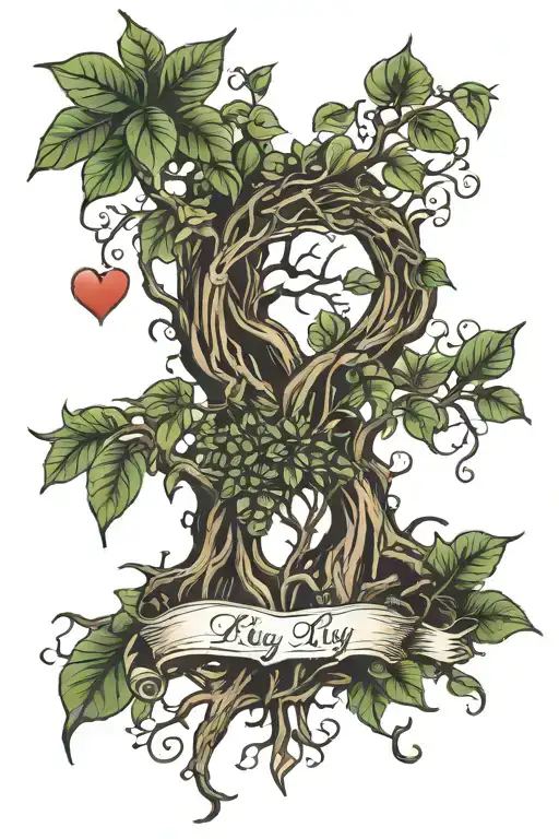 up rooted tree with a heart shaped like leaf hanging with the name Lily In the middle  tattoo design idea