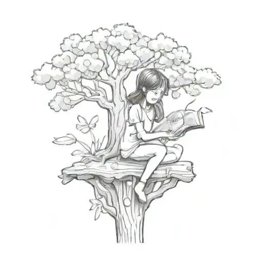 The stump from the book "the giving tree" with a young girl holding a flower sitting on it tattoo design idea