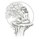 The stump from the book "the giving tree" with a young girl holding a flower sitting on it tattoo design idea